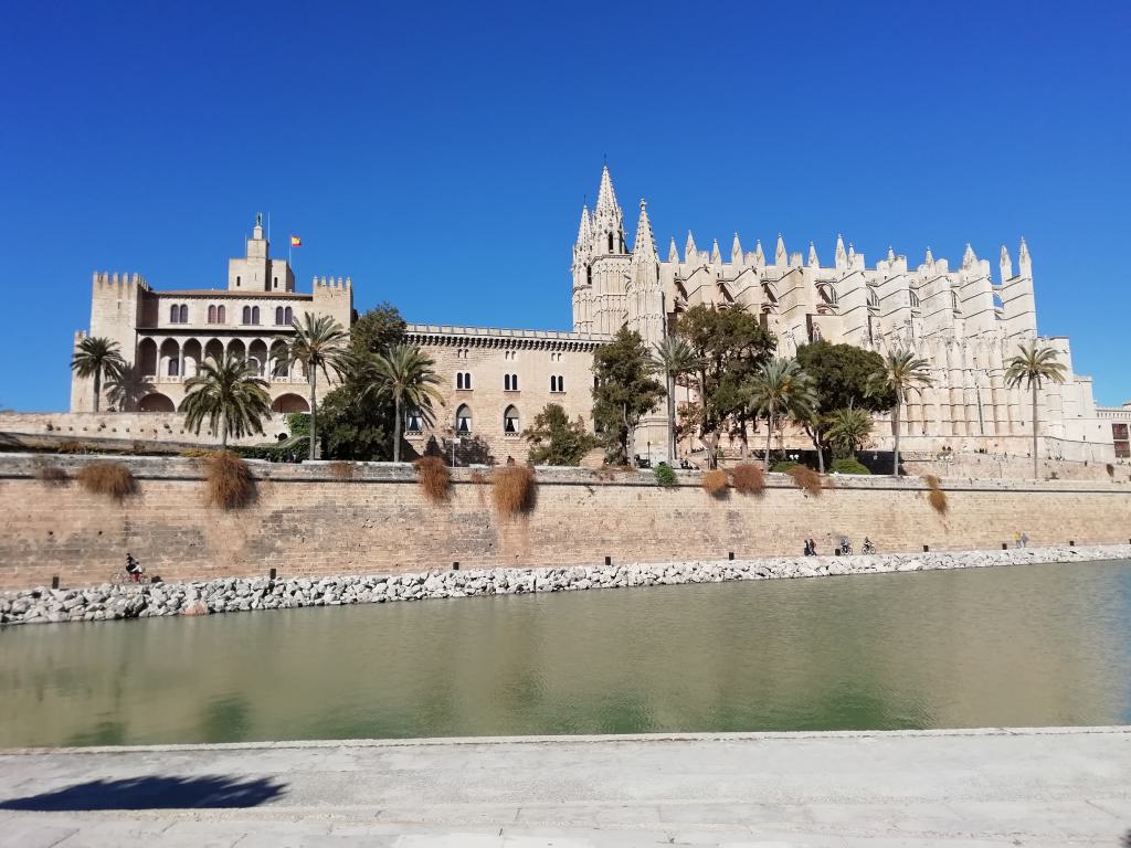 Vista de la Catedral de Palma y el Palacio de la Almudaina desde el otro lado del estanque para tomar profundidad