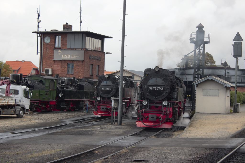 Vista de varias locomotoras 1C1 tanque en funcionamiento. Al fondo dos mallet paradas